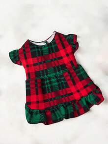 PETSIN 1pc Christmas Pet Red & Green Plaid Puff Sleeve Dress - Multicolor - View 7