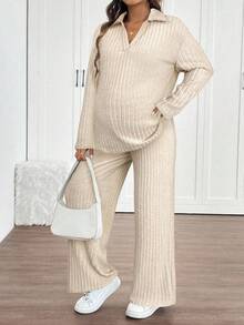 SHEIN 2 件孕妇套装：插肩袖衬衫，有领，可调节腰部直筒裤，宽松版型，秋季 - 杏色 - 查看 4
