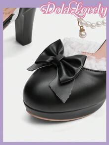 Dola Lovely Zapatos de tacón alto estilo Lolita con decoración de perla y lazo, zapatos de plataforma de punta redonda estilo princesa dulce para mujer - Negro - Ver 8