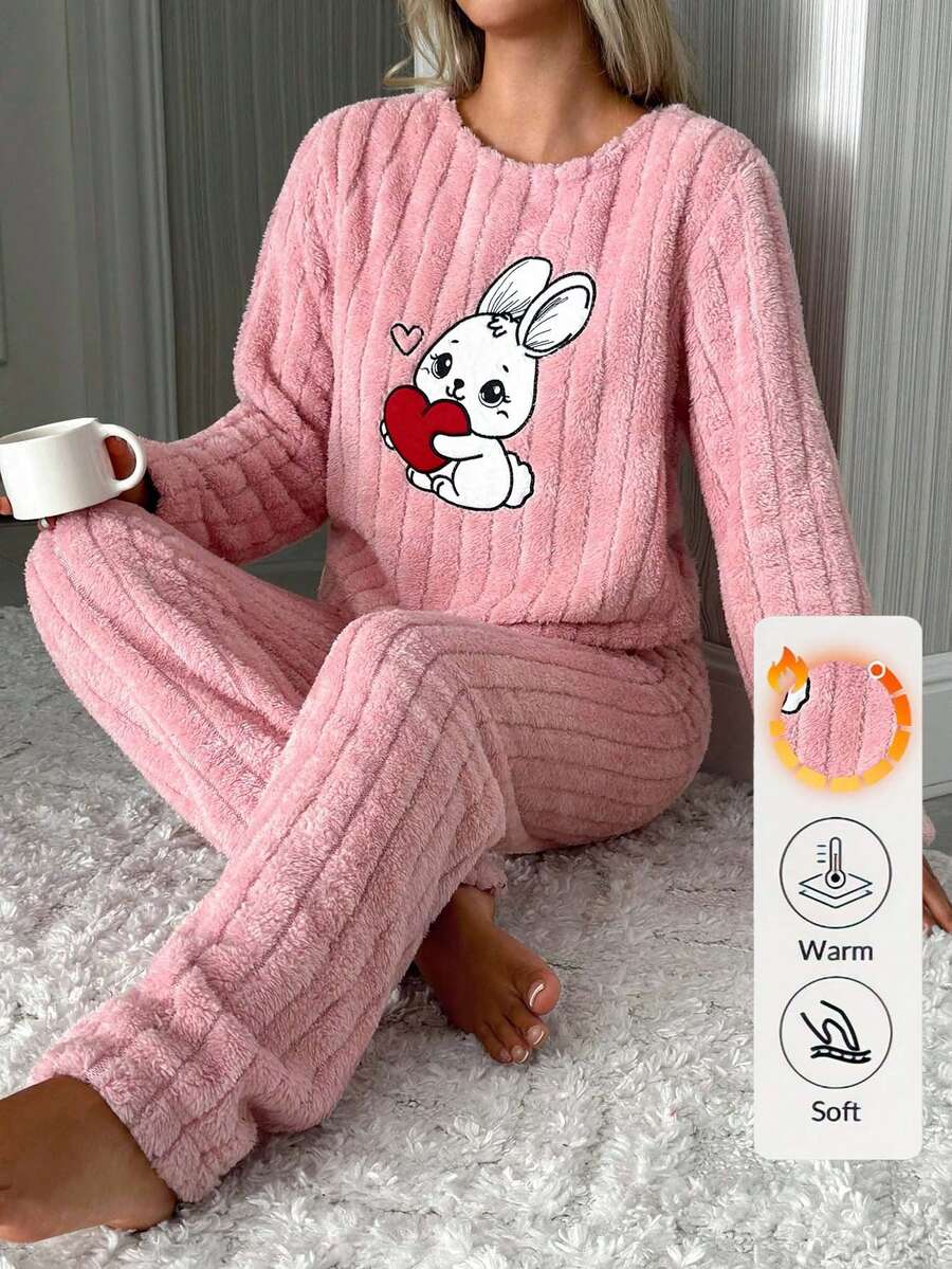 EURMUSE Women 2 Pcs Fuzzy Pelush With Cute Rabbit Embroidery Detail Homewear Pajama Set - Pink - View 1