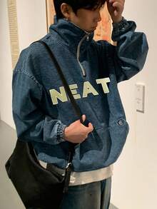 DAZY Men's Letter Embroidery Washed Blue Half-Zip Pullover Sweatshirt, Autumn - Blue - View 3