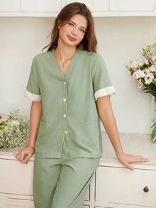 Snug Reverie Women's Contrast Color Ruffled V-Neck Short Sleeve Top & Pants Pajama Set Lounge Set - Green - View 4