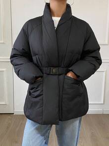 DAZY 女式简约纯色束腰V领保暖棉服外套 - 黑色 - 查看 7