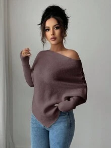 Selianne 女式不对称蝙蝠袖圆领休闲优雅针织毛衣上衣，适合春秋冬季度假和节日穿着 - 咖啡棕 - 查看 7