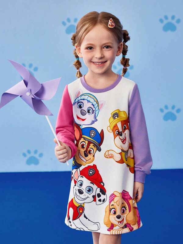 SHEIN | PAW Patrol Young Girl Cute Cartoon Puppy Print Crew Neck Long Sleeve Knit Sweatshirt Dress Fall Winter