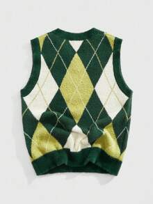 ROMWE MEN Prep Áo vest dệt kim kim cương thường ngày cho nam, mùa thu - màu xanh lá - Xem 2