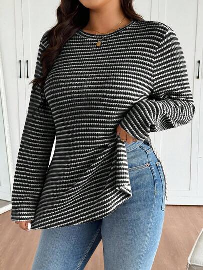 SHEIN Frenchy Plus Size Women Striped Crew Neck Knit T-Shirt With Side Slit Design, Comfortable Casual Plus Size Tee Women Long Sleeve Tops Winter Tops For Women Black And White Top Women Sweater Striped Top
