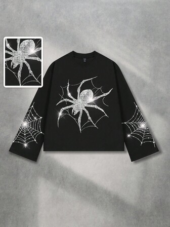 Street Life Herren Langarm T-Shirt mit Spinnen-Muster und Strass-Verzierung, Herbst