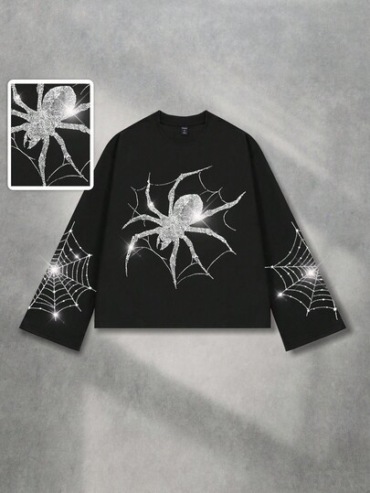 Street Life Maglietta a maniche lunghe da uomo con motivo a ragno e decorazioni in strass, autunnale