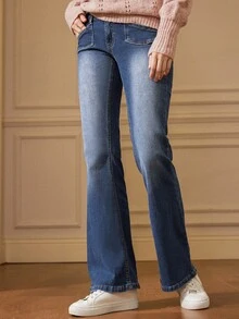 Écloséra Quần Jeans Nữ Ống Loe Lưng Thấp Cạp Thấp - Rửa tối - Xem 1