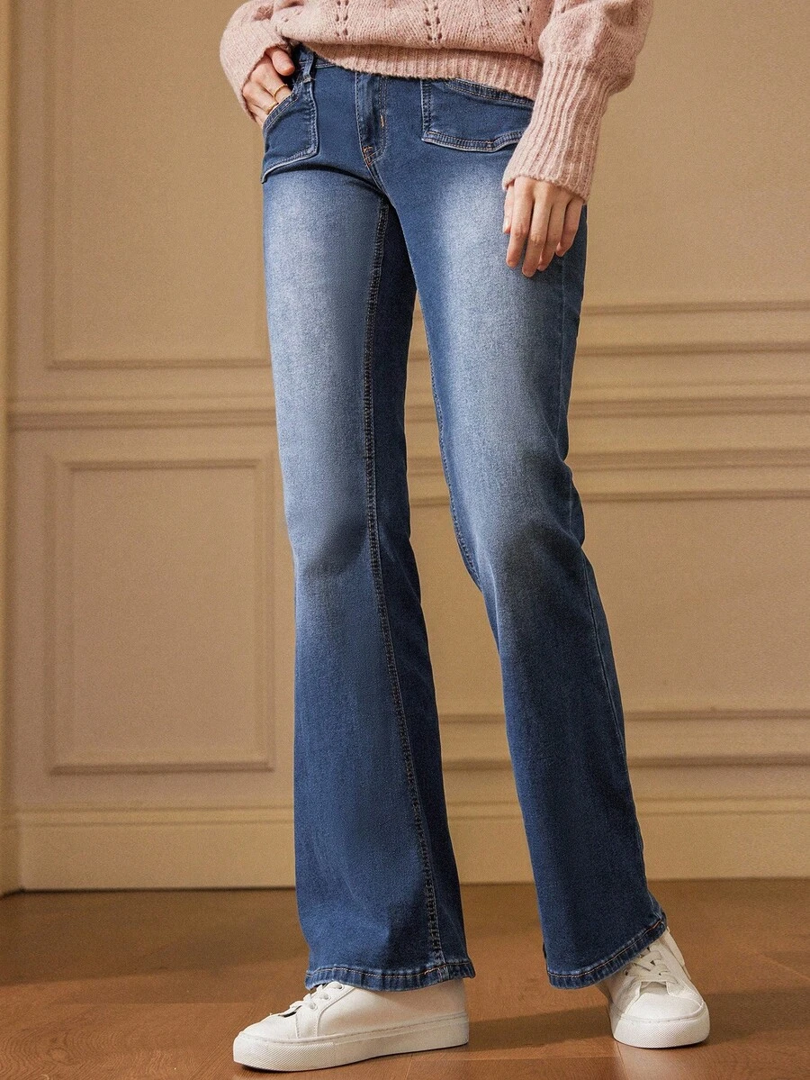 Écloséra Quần Jeans Nữ Ống Loe Lưng Thấp Cạp Thấp - Rửa tối - Xem 1