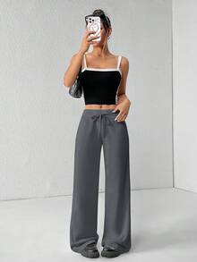 SHEIN PETITE Pantalon de survêtement confortable et décontracté en tricot uni à taille basse et jambes larges pour femmes