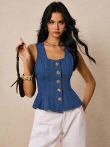 Poéselle Nouveauté Tops en denim pour femmes, col carré, bretelles, décoration boucle métallique, volants à la taille au dos, ourlet. Vêtements d'automne, tops en denim bleu foncé. Élégant à la française, mode de rue, porter au quotidien, idéal pour les voyages