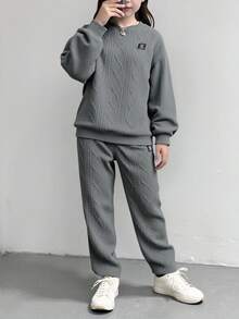 SHEIN 2pcs/Set Tween Girls Casual Slogan Applique Pattern Jacquard Braided Plaid Texture Fabric Crew Neck Sweatshirt And Sweatpants, Autumn/Winter Fall - Dark Grey - View 4