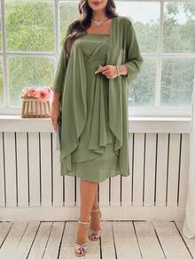 Ellevyn Plus Size Women's Solid Color 3/4 Sleeve Open Front Jacket And Rhinestone Decor Pleated Thick Strap Dress Elegant Set - Olive Green - View 7