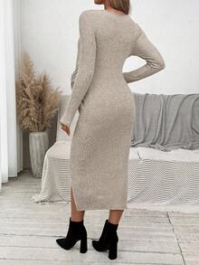 SHEIN Rochie de maternitate cu guler rotund, mânecă lungă, talie pliată, crăpături laterale, tiv mulat, toamnă - Kaki - Vizualizare 2