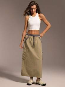 Hanevo Women's Casual Elastic Waist Pockets Long Skirt, Fashionable Street Style - Mocha Brown - View 7