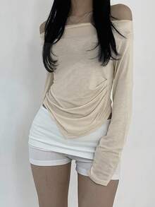 DAZY 纯色露肩不对称领口褶皱 T 恤，返校服长袖女上衣，秋季女装 - 杏色 - 查看 4