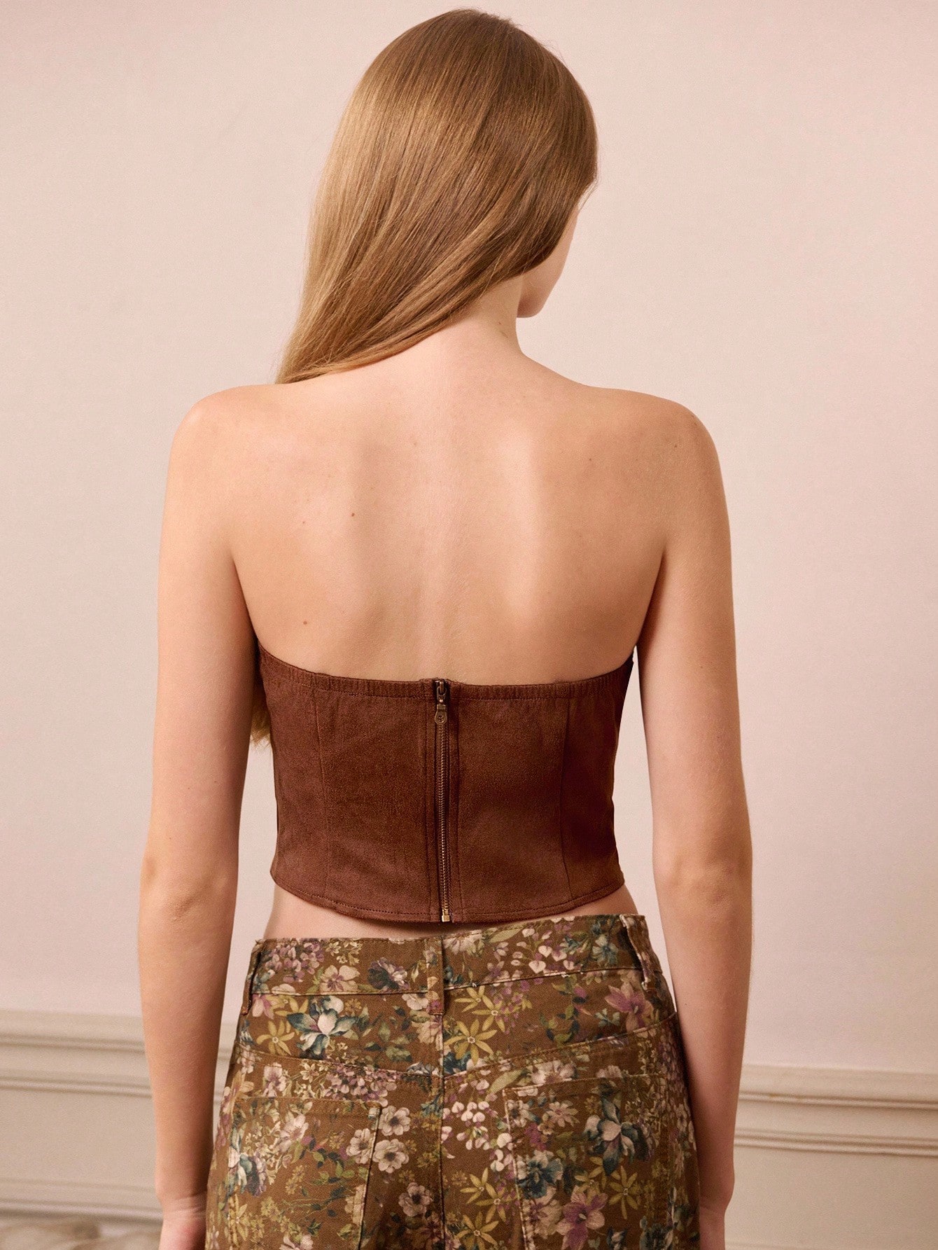 Brown Faux Suede Corset Top With Thin Straps Fall Women Clothes Spring Summer