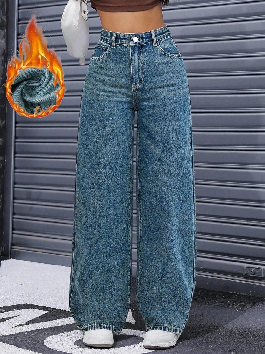 SHEIN 秋冬休闲水洗高腰阔腿牛仔裤 - 藍色 - 查看 1