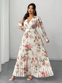Elenzga Plus Size Women's Spring/Summer Vacation, Elegant Romantic Party, Wedding Guest Floral Print Long Sleeve V-Neck Pleated Flowing Maxi Dress - Multicolor - View 5