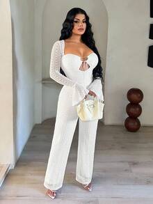 SHEIN SXY 1pc White Sexy Lace Long Sleeve Hollow-Out Jumpsuit,Elegant,Lace,Wedding Guest ,Elegant Dresses For Party,Sexy, Fall Clothes For Women ,White,Going Out,Prom,Chic,New Year - White - View 4