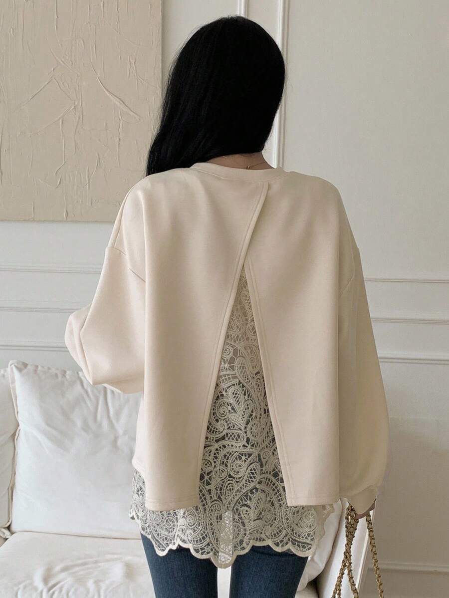 DAZY Women's Lace Patchwork Loose Pullover Casual Sweatshirt - Apricot - View 1