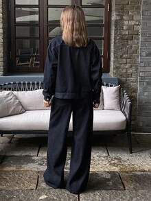 DAZY 女士撞色纽扣领装饰牛仔夹克和直筒牛仔裤休闲牛仔套装 - 深色水洗藍 - 查看 3