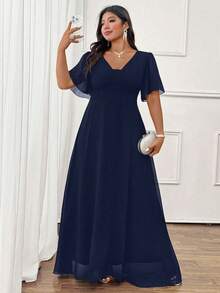 Elenzga Plus Size Elegant Navy Blue Summer Wedding Chiffon Shirred Short Sleeve Waist Tie Flared Maxi Dress,Commuter Casual Versatile Comfortable Fabric - Navy Blue - View 2