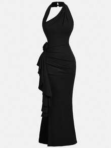 Girlism 少女无袖紧身不对称下摆开衩派对圣诞晚礼服 - 黑色 - 查看 3