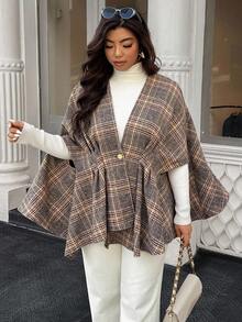 SHEIN LUNE Plus Size Plaid Print Cutout Cloak Button Decor Elegant Casual Jacket Fall Winter Cloth For Women Autumn - Brown - View 6