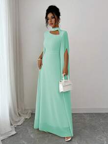 Elenzga 女士优雅法式浪漫度假风沙滩裙，雪纺透明面料，镂空领口，后背交叉系带，喇叭长裙，长袖，开衩袖口，适合下午茶、派对、中东风格、春夏季 - 薄荷綠 - 查看 3