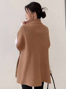 DAZY Suéter de punto suelto de cuello alto y manga corta, de unicolor, elegante y casual, para otoño/invierno - Café integral - Ver 2