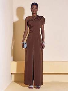 Zivah 2025 Autumn New Arrival Music Festival, Easter, St. Patrick's Day, Western Style, Nomadic Style, Birthday Party, Graduation Season, Campus Style, Student Wear, Casual Daily Outfit, Vacation, Cruise Travel, Beach, Sunbathing, Fashionable, Streetwear, Elegant Asymmetric Design Textured Fabric Brown Jumpsuit - Brown - View 1