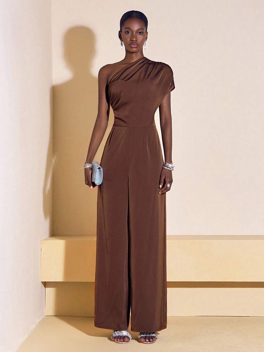 Zivah 2025 Autumn New Arrival Music Festival, Easter, St. Patrick's Day, Western Style, Nomadic Style, Birthday Party, Graduation Season, Campus Style, Student Wear, Casual Daily Outfit, Vacation, Cruise Travel, Beach, Sunbathing, Fashionable, Streetwear, Elegant Asymmetric Design Textured Fabric Brown Jumpsuit - Brown - View 1