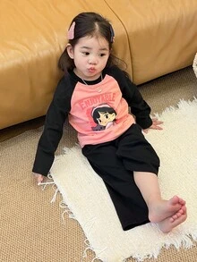 DAZY 2pcs Baby Girls' Cartoon Print T-Shirt With Raglan Sleeve & Loose Solid Color Pants Pajama Set Fall,Winter Toddler Girls Clothes - Baby Pink - View 5