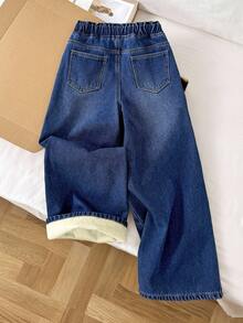 SHEIN Tween Girls' Fashion Casual Basic Simple Blue Denim Thermal Lined Loose Fit Baggy Jeans,For Girls Fall/Winter Dailywear Costume,Girls Streetwear Outfits,Girls Halloween And Christmas Outfits,Lined Jeans, Thermal Lined Jeans, Winter Jeans, Baggy Jeans, Teen Jeans - Dark Wash - View 3