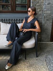 DAZY 女士休闲牛仔腰带背心和阔腿裤套装 - 藏蓝色 - 查看 6