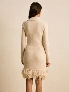 Poéselle Robe pull ajustée à manches longues de couleur unie, décontractée, avec franges. Vêtements d'automne et d'hiver pour femmes - Nude - Voir 2