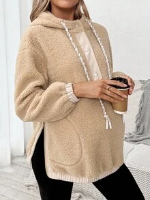 SHEIN Autumn And Winter Outdoor Casual Loose Hooded Warm Fleece Long Sleeve Maternity Sweatshirt - Khaki - View 6