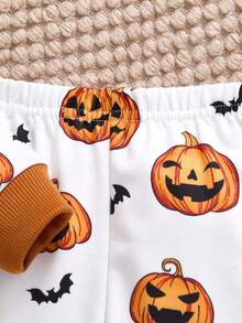 Conjunto de chándal de niño/niña multicolor para otoño/invierno, sudadera con capucha de forro polar grueso con estampado de patrones de Halloween y contraste de colores, y pantalones estampados, adecuado para disfraz de Halloween