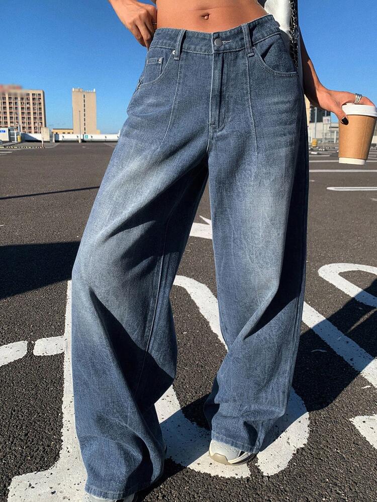 Embroidered High Waist Loose Wide Leg Jeans, Retro Straight Leg Pants