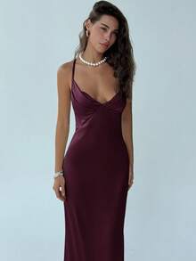 Aloruh Women's Solid Color Minimalist Everyday Cross-Tied Dress,Wedding Guest Dress Women - Maroon - View 4