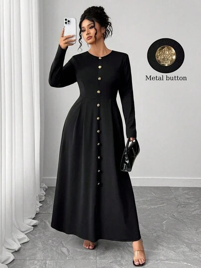 Elenzga 大码女式优雅金属纽扣装饰长袖针织弹力连衣裙，圆领，喇叭袖，纽扣装饰，简约剪裁设计连衣裙