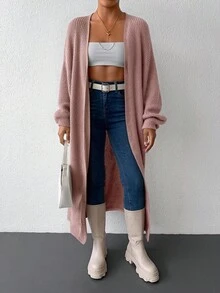 SHEIN Cottnline Women Dropped Shoulder Long Sleeve Large Pocket Solid Color Knit Casual Cardigan - Baby Pink - View 2