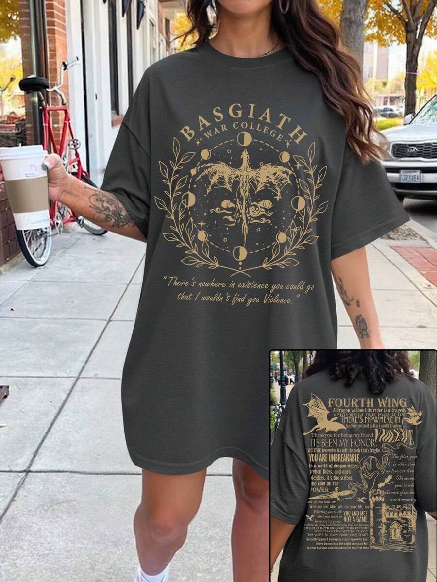 EMERY ROSE Plus Size Women Slogan & Floral Print Short Sleeve Loose Casual T-Shirt, Suitable For Halloween - Dark Grey - View 1