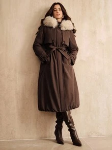 Anewsta 女士口袋腰带设计长袖拉链前毛领连帽长款休闲冬季夹克 - 棕色 - 查看 3