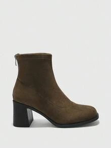 CUCCOO BIZCHIC 女士时尚弹力踝靴，方头粗跟设计，仿麂皮女式弹力踝靴，后拉链简约设计，百搭，可搭配裙子、牛仔裤、外套，适合秋冬装、时装秀、通勤，时尚女士踝靴 - 橄欖綠 - 查看 2