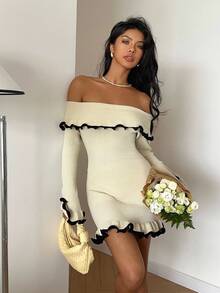 Serisse 秋冬女式拼色露肩修身荷叶边下摆长袖喇叭袖针织毛衣连衣裙 - 杏色 - 查看 5