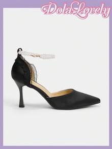 Dola Lovely Women's Black High Heel Lolita Style Cute & Elegant Pearl Chain Bow Pointed Toe Pumps, Suitable For Halloween And Christmas - Black - View 7